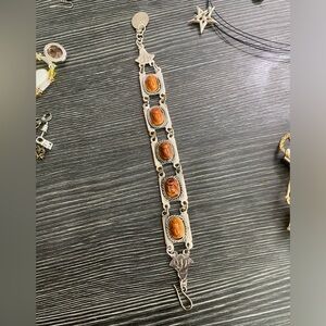 Silver Bracelet with brown Scarab Cabochons Egyptian revival